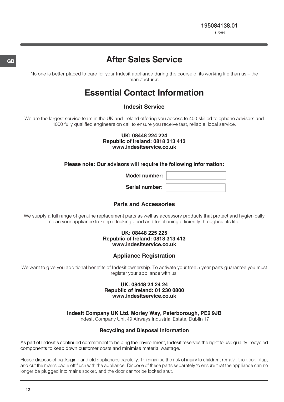 Indesit CA 55 K, CA 55 (UK) operating instructions Indesit Service, Parts and Accessories, Appliance Registration 