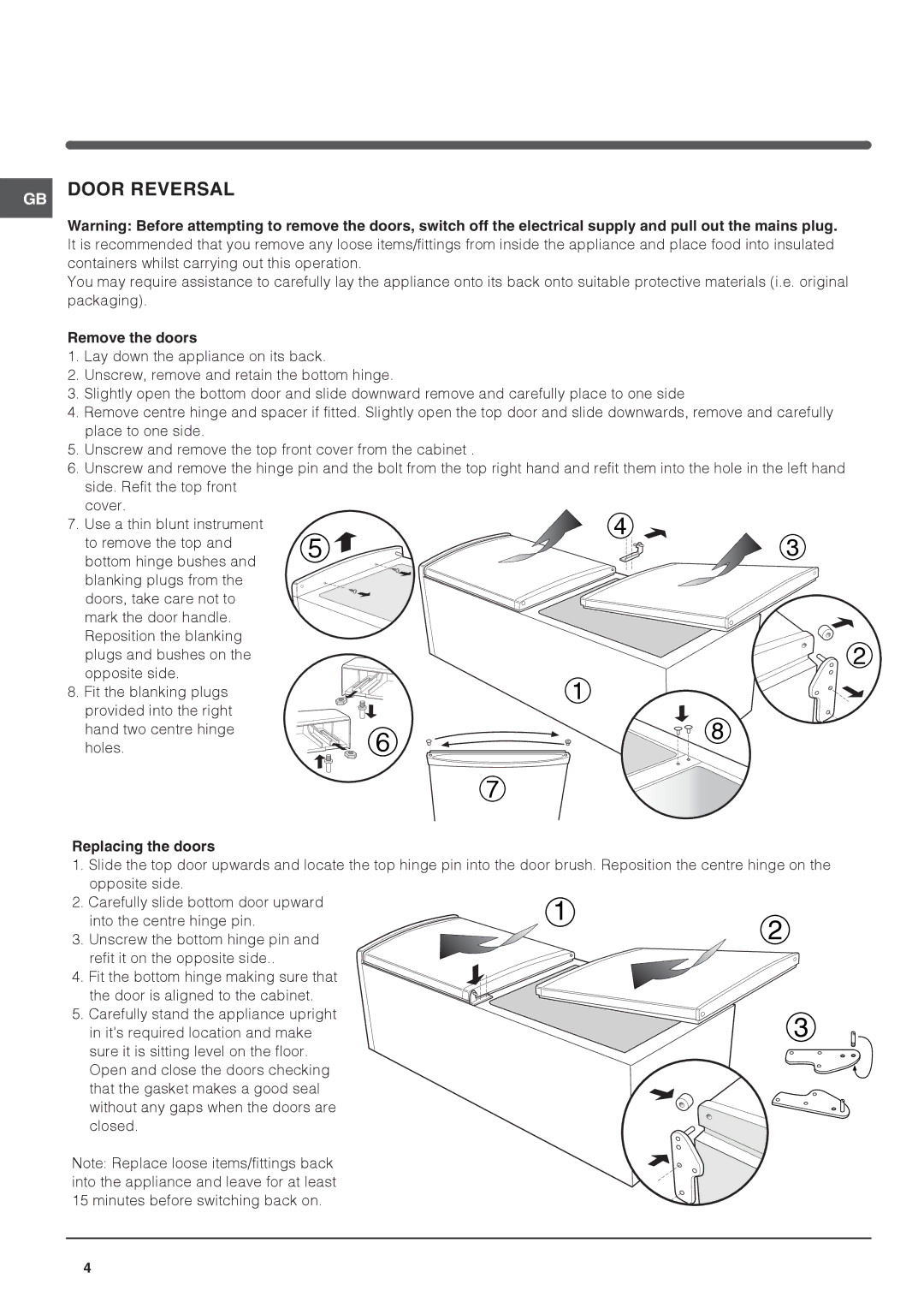 Indesit CA 55 (UK), CA 55 K operating instructions Remove the doors, Replacing the doors 