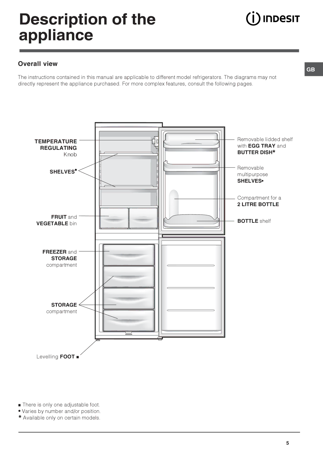 Indesit CA 55 K, CA 55 (UK) Description of the appliance, Overall view, Fruit Vegetable bin Freezer Storage compartment 