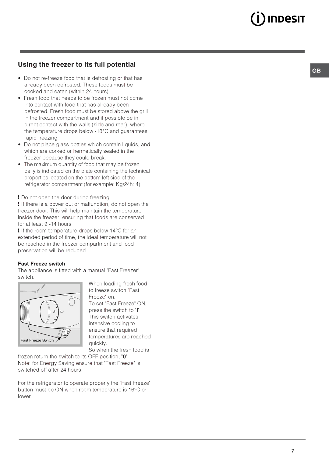 Indesit CA 55 (UK), CA 55 K operating instructions Using the freezer to its full potential, Fast Freeze switch 