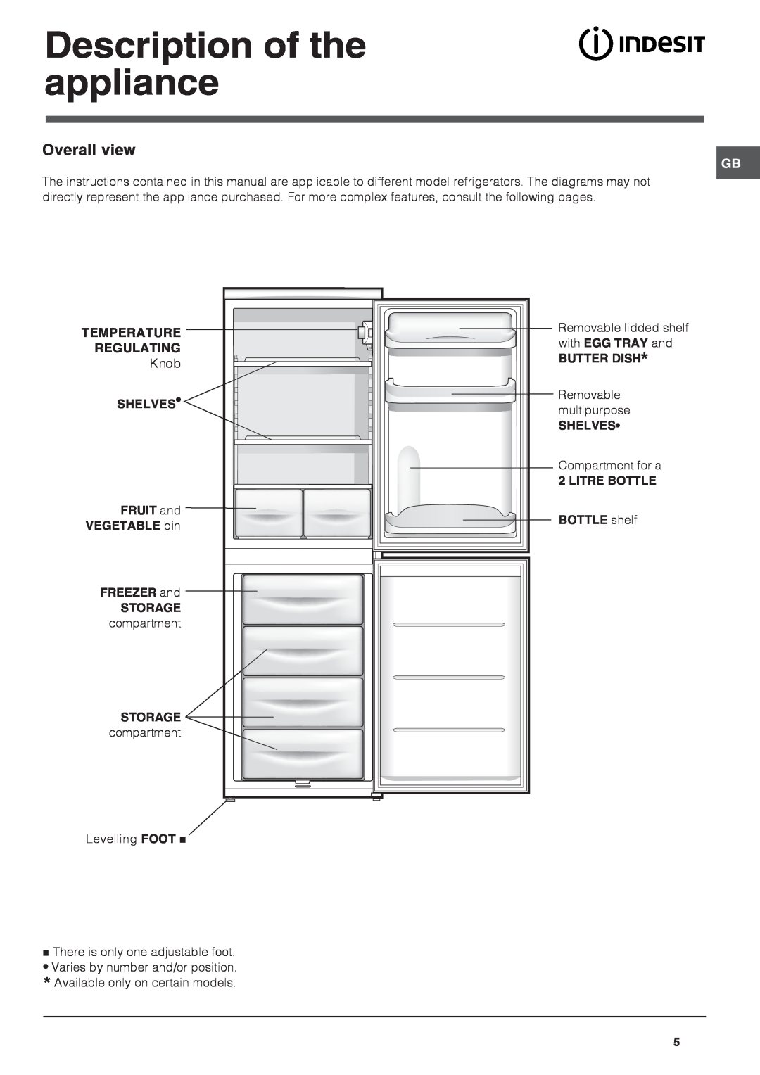 Indesit CA 55 K, CA 55 (UK) Description of the appliance, Overall view, Temperature Regulating, Butter Dish, Shelves 