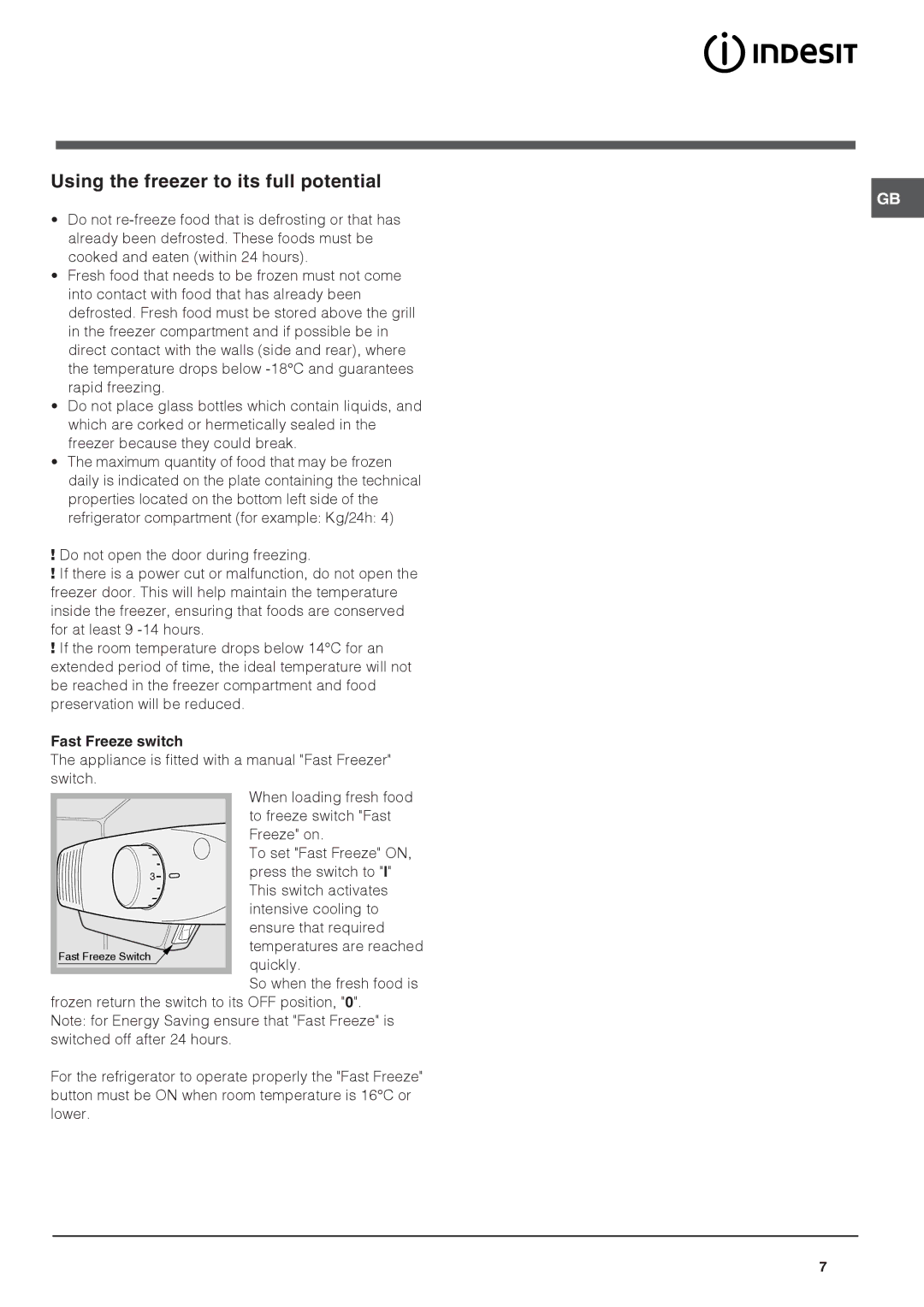 Indesit CA 55 XX manual Using the freezer to its full potential, Fast Freeze switch 