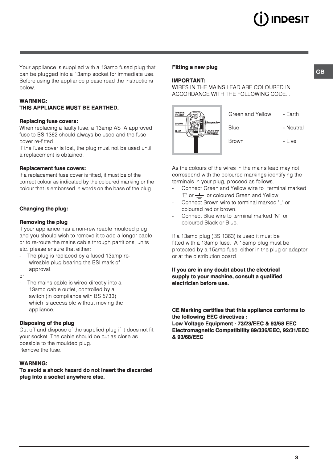 Indesit CA 55 XX manual This Appliance Must Be Earthed 