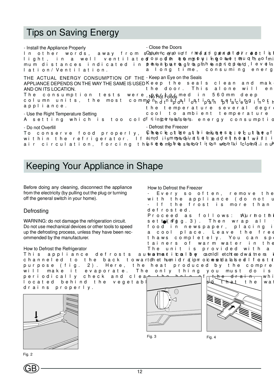 Indesit CG 3100 manual Tips on Saving Energy, Keeping Your Appliance in Shape, Defrosting 