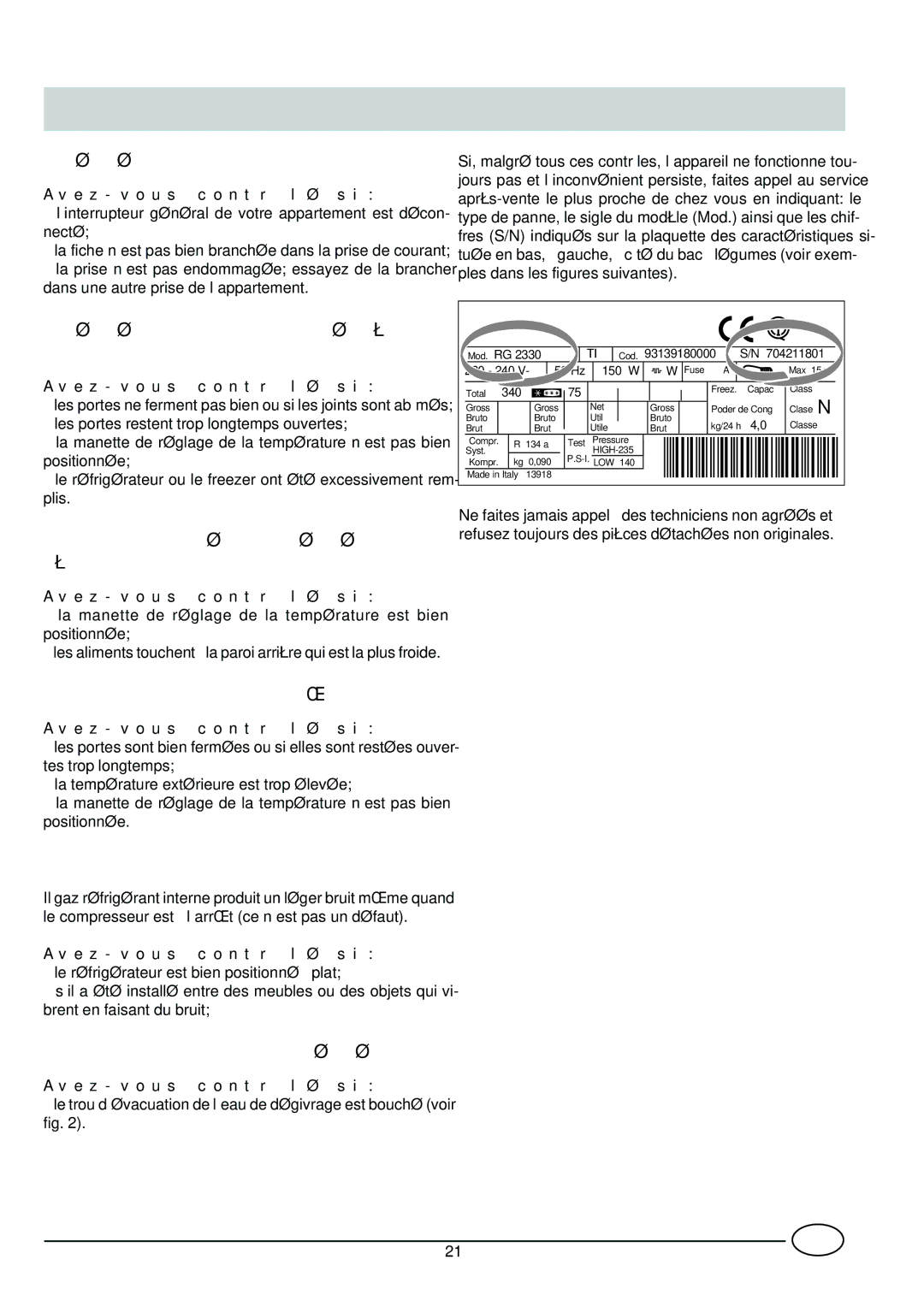 Indesit CG 3100 manual Quelque chose ne va pas 