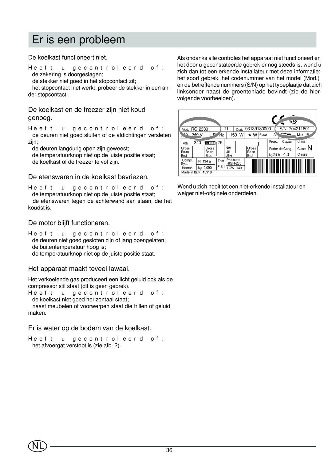 Indesit CG 3100 manual Er is een probleem 