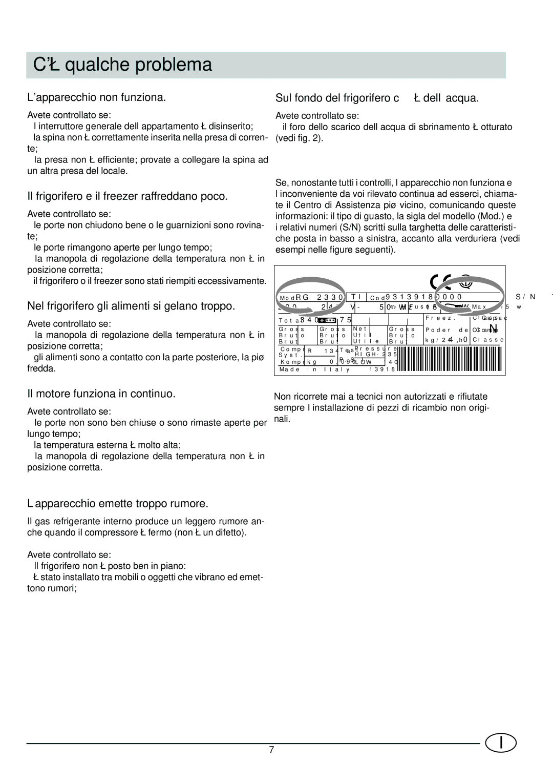 Indesit CG 3100 manual Cè qualche problema 