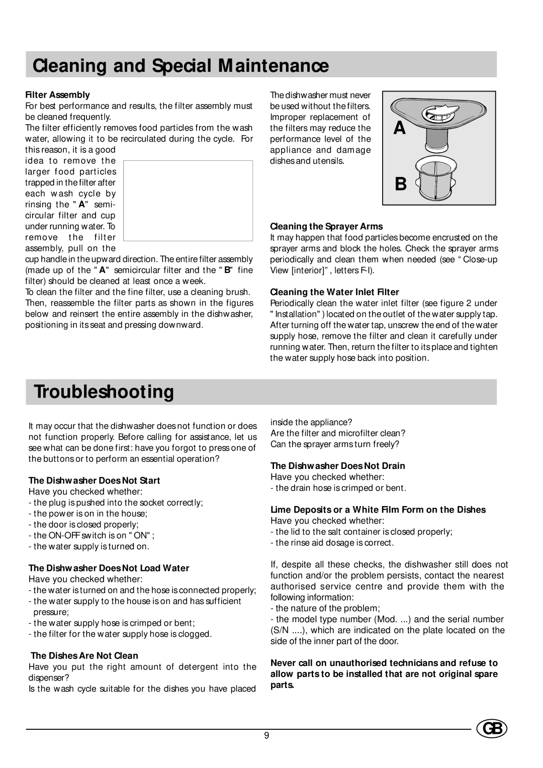 Indesit D 61 manual Cleaning and Special Maintenance, Troubleshooting 