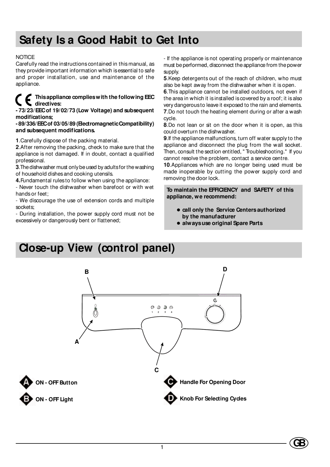 Indesit D 61 manual Safety Is a Good Habit to Get Into, Close-up View control panel, On OFF Button, On OFF Light 