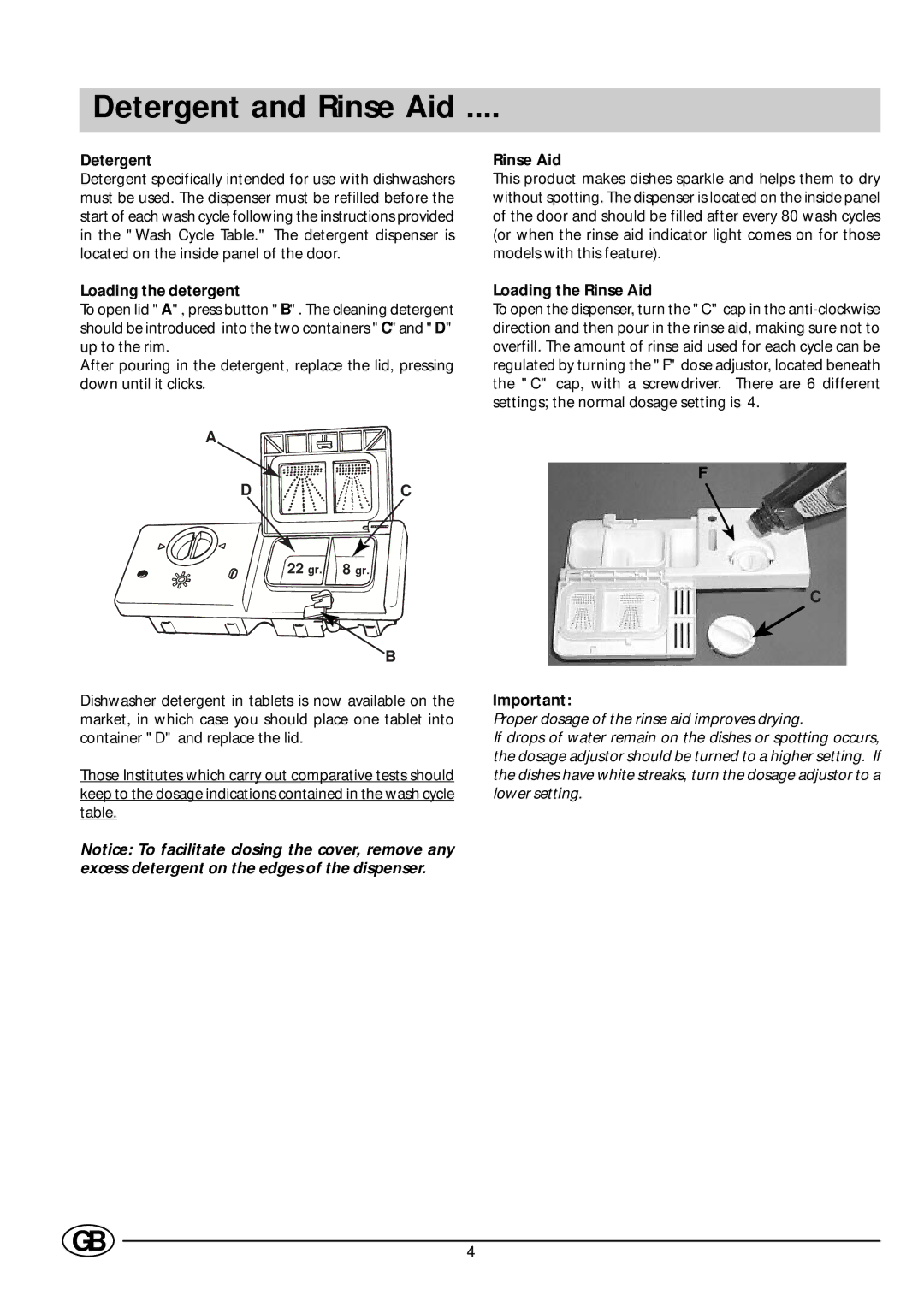 Indesit D 61 manual Detergent and Rinse Aid, Loading the detergent, Loading the Rinse Aid 