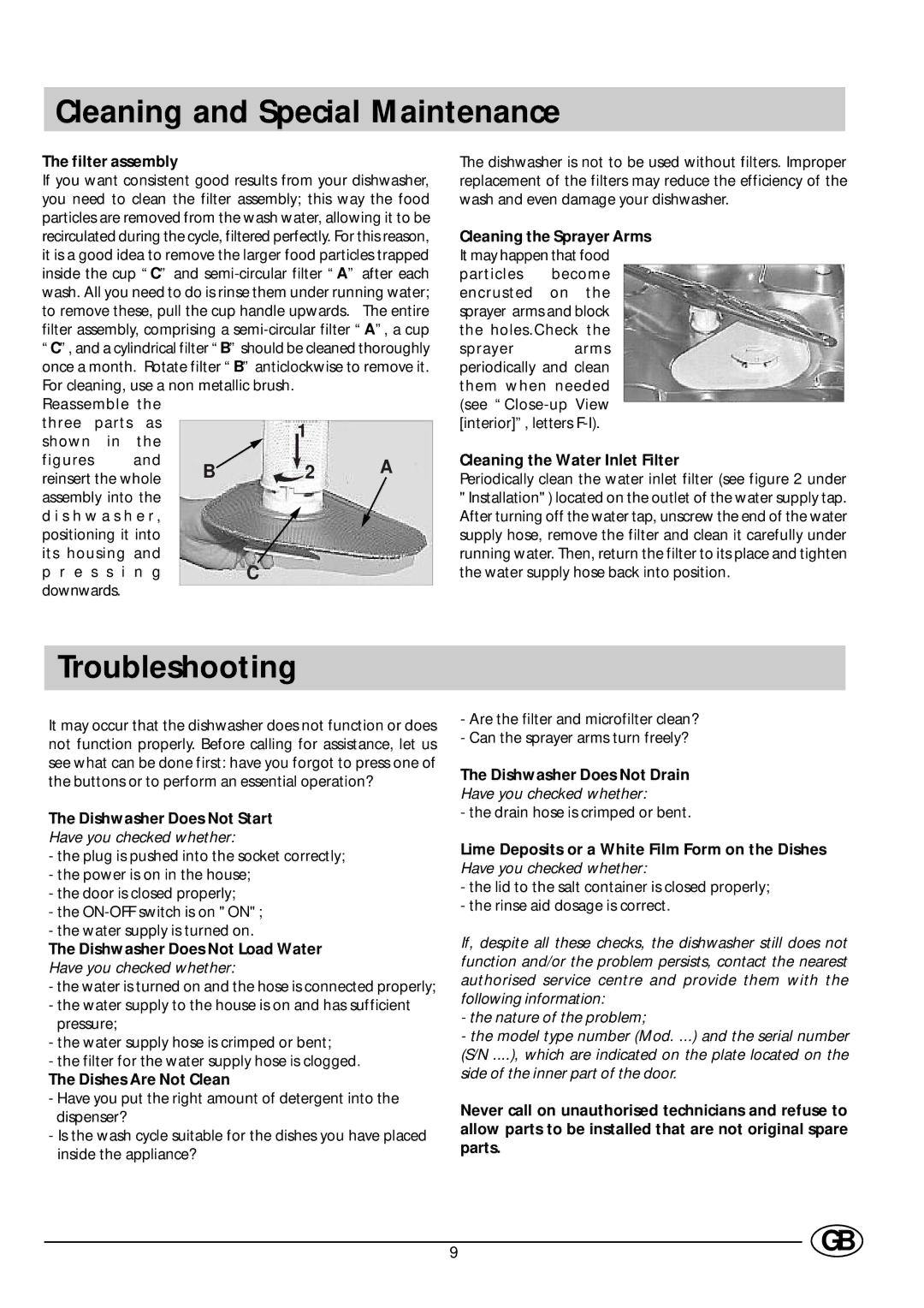 Indesit D 66 manual Cleaning and Special Maintenance, Troubleshooting 