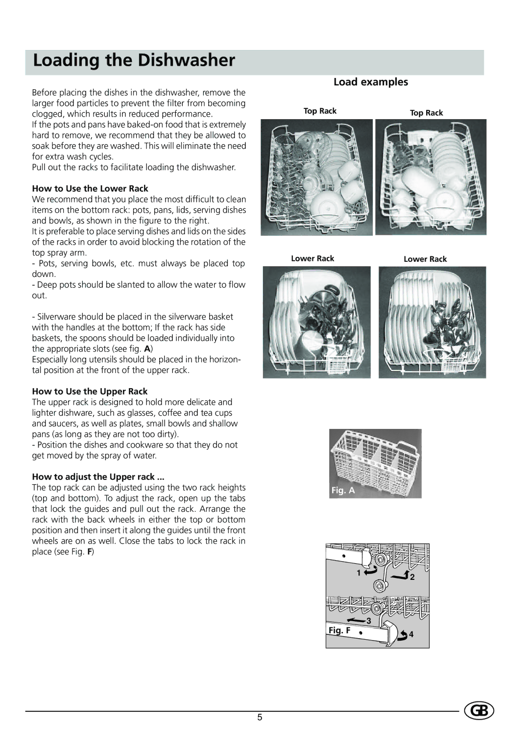 Indesit D41 Loading the Dishwasher, How to Use the Lower Rack, How to Use the Upper Rack, How to adjust the Upper rack 