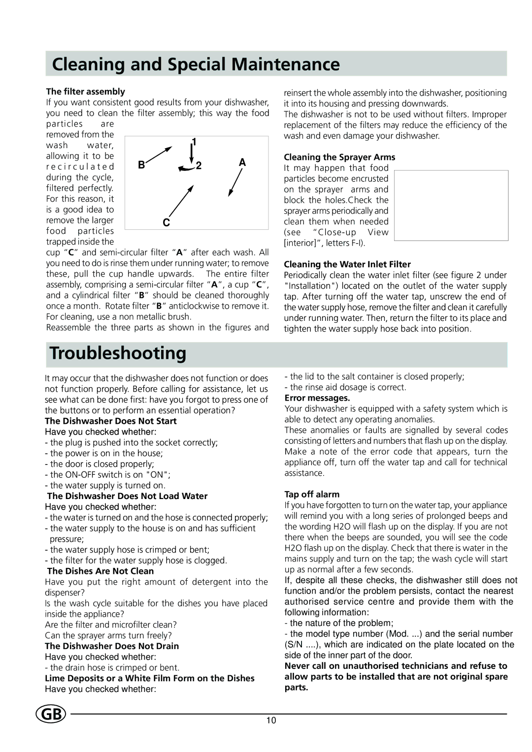 Indesit DE 43 manual Cleaning and Special Maintenance, Troubleshooting 