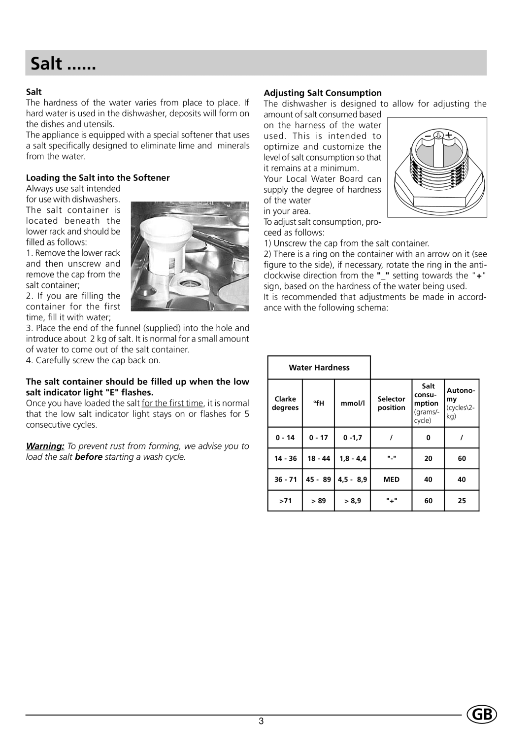 Indesit DE 43 manual Loading the Salt into the Softener, Adjusting Salt Consumption 