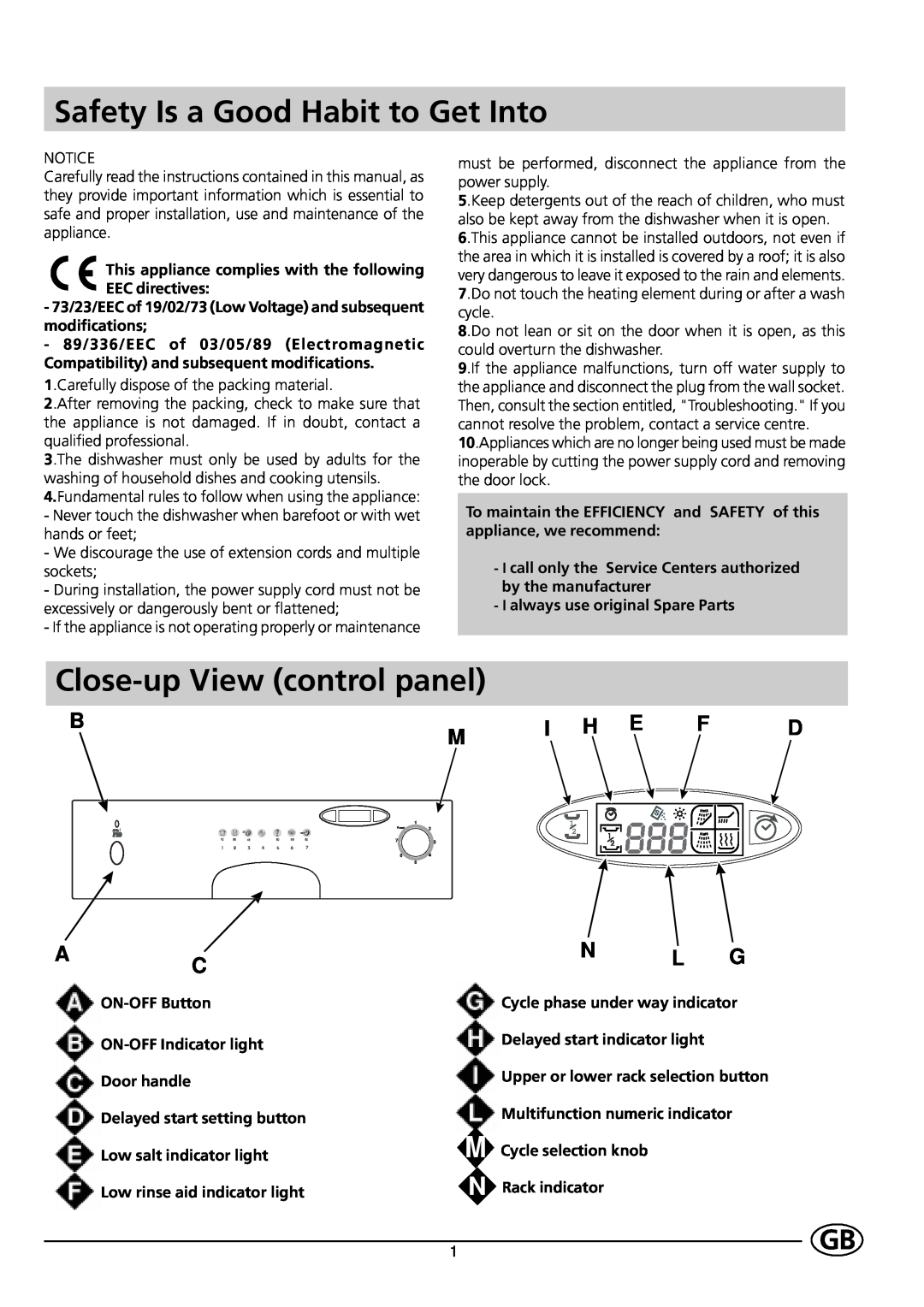 Indesit DE 43 manual Safety Is a Good Habit to Get Into, Close-up View control panel, Bm I H E F D, Acn L G 