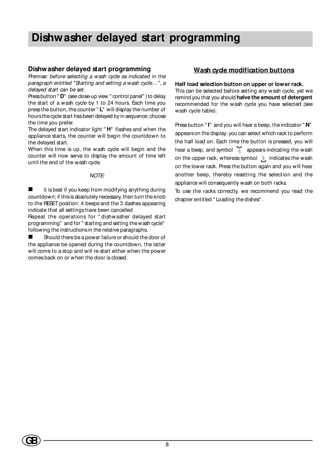 Indesit DE 73 manual Dishwasher delayed start programming 