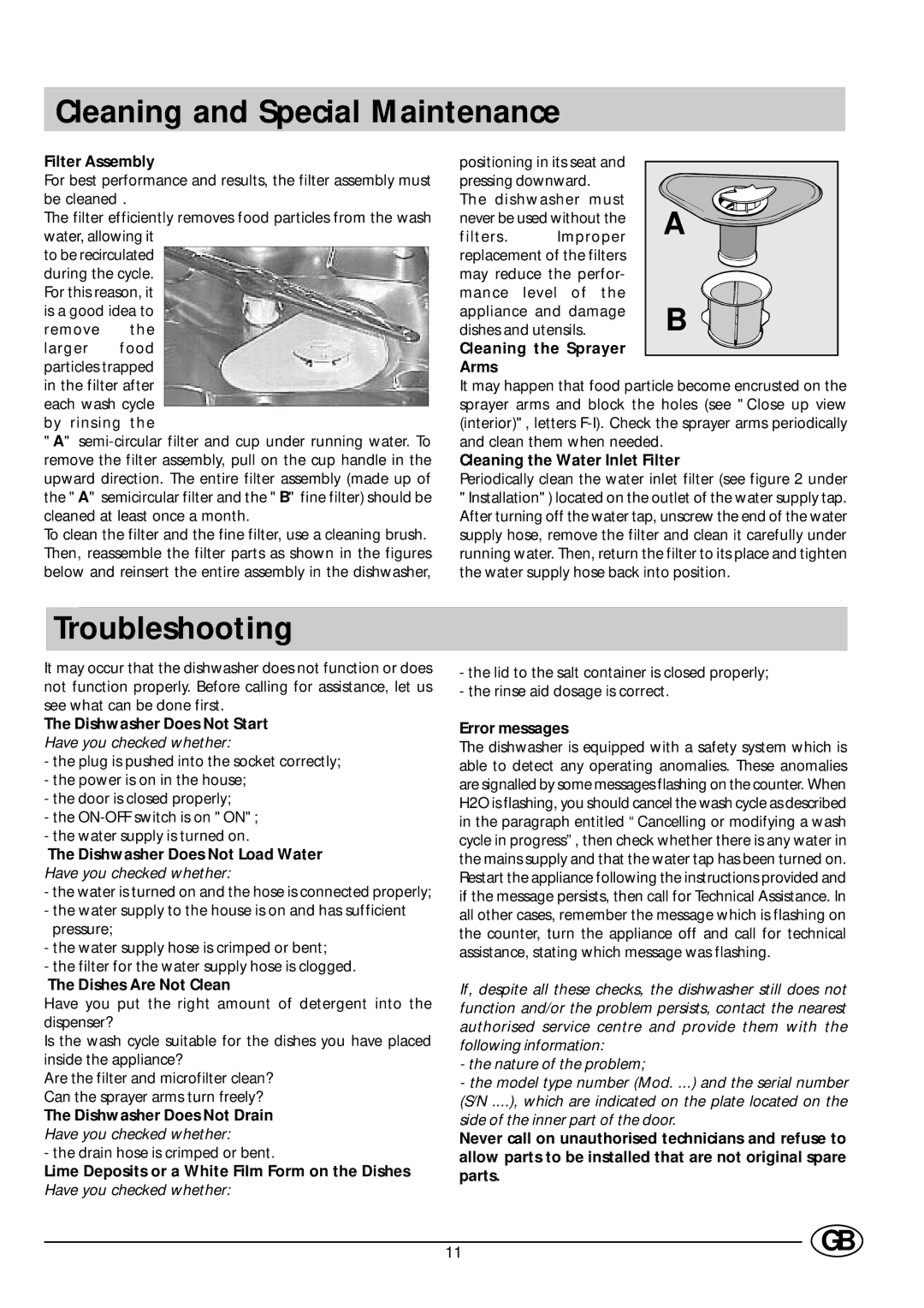 Indesit DE 73 manual Cleaning and Special Maintenance, Troubleshooting 