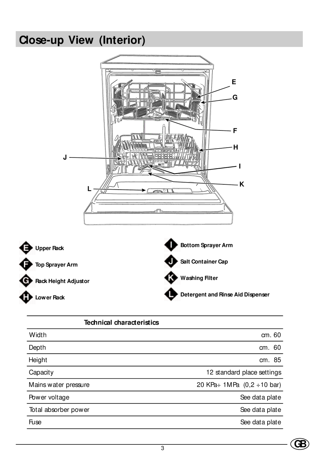 Indesit DE 73 manual Close-up View Interior, Technical characteristics 