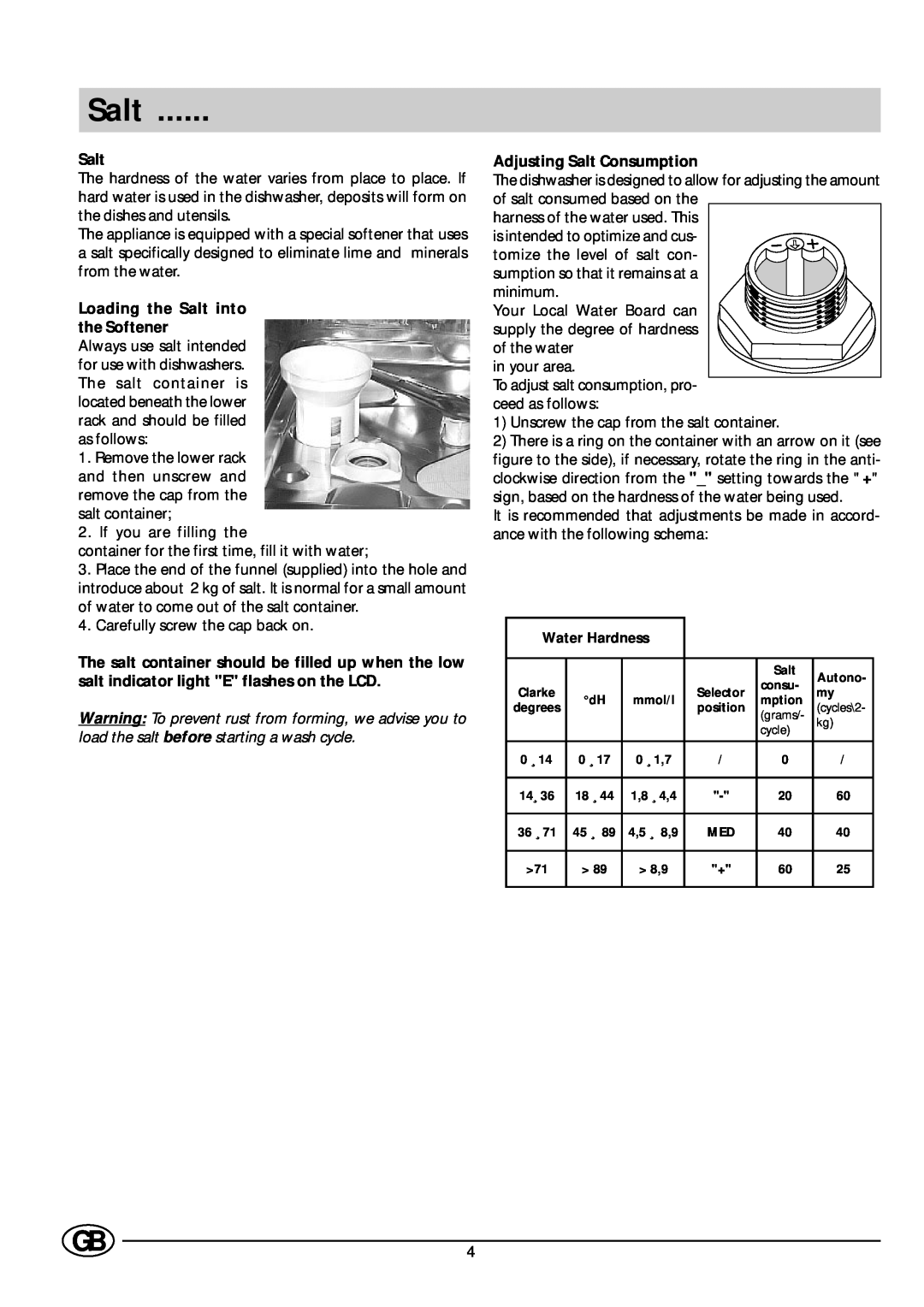 Indesit DE 73 manual Loading the Salt into the Softener, Adjusting Salt Consumption 