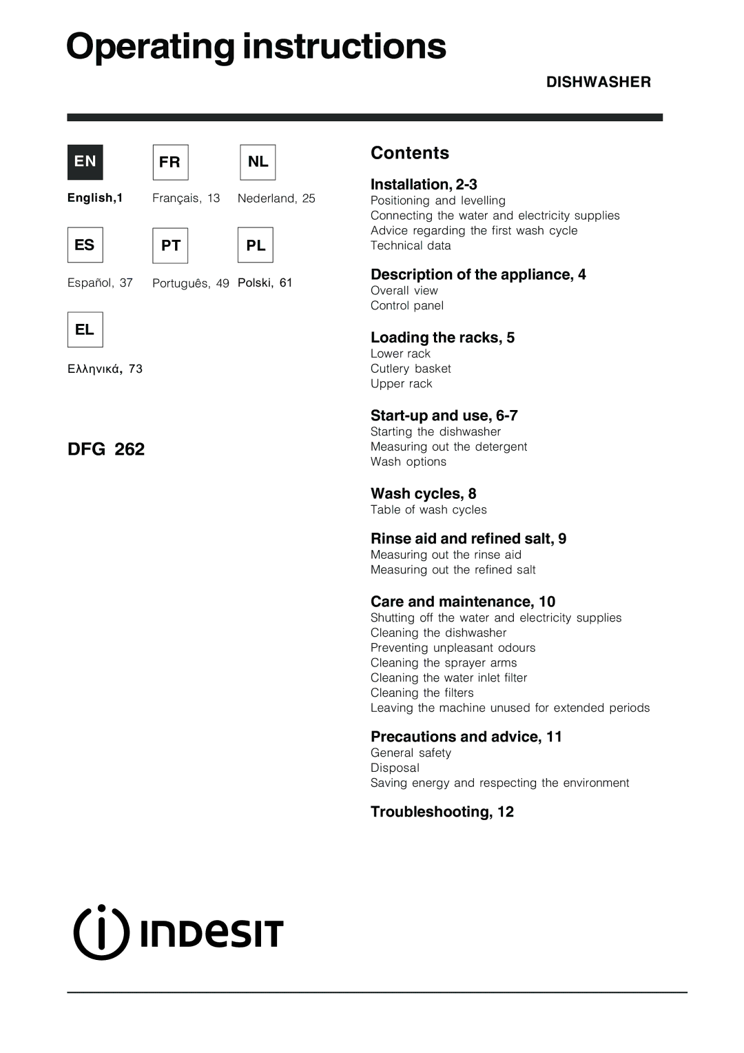 Indesit DFG 262 operating instructions Operating instructions, Contents 