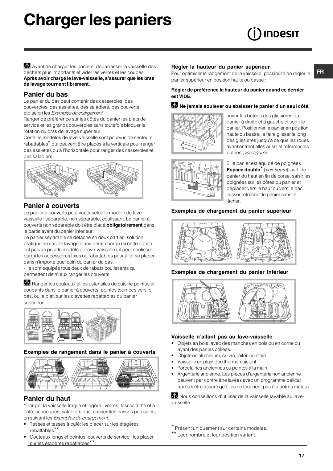 Indesit DFG 262 operating instructions Charger les paniers, Panier du bas, Panier à couverts, Panier du haut 