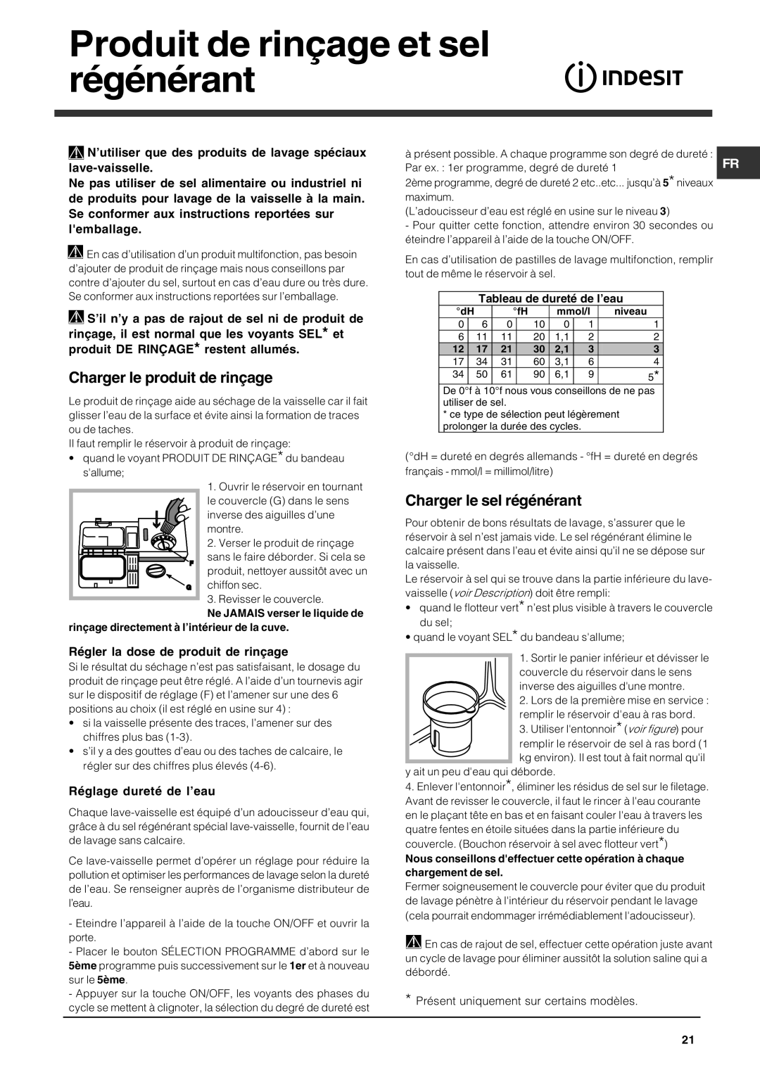 Indesit DFG 262 Produit de rinçage et sel régénérant, Charger le produit de rinçage, Charger le sel régénérant 