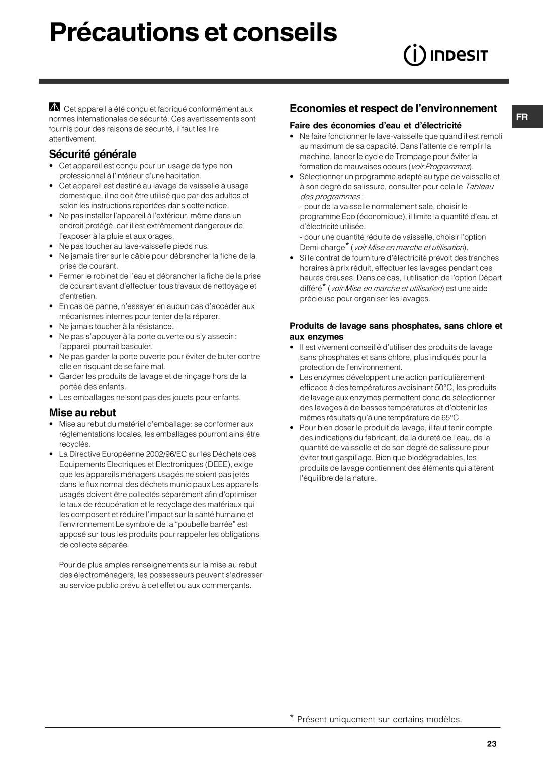 Indesit DFG 262 Précautions et conseils, Sécurité générale, Mise au rebut, Economies et respect de l’environnement 