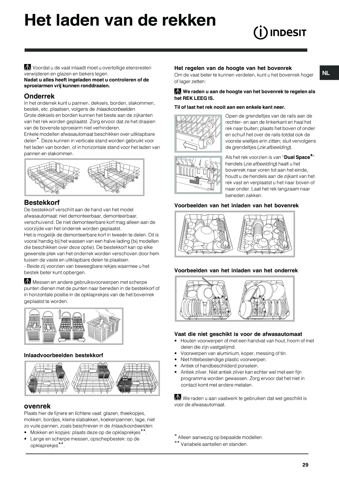 Indesit DFG 262 operating instructions Het laden van de rekken, Onderrek, Bestekkorf, Ovenrek 