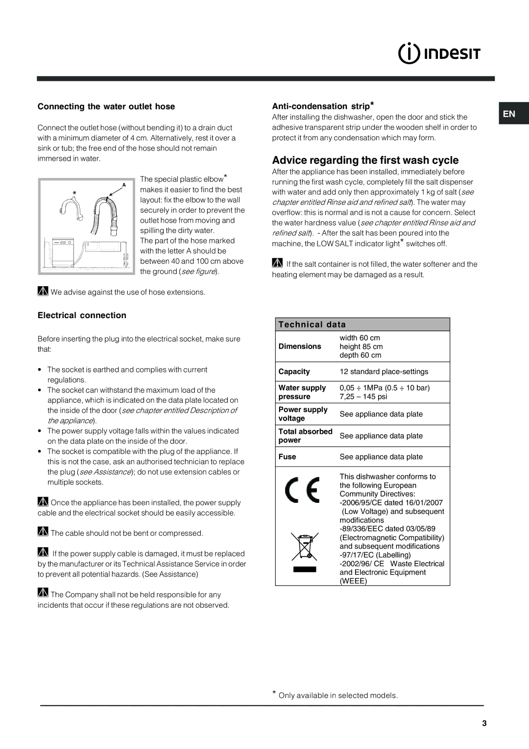 Indesit DFG 262 Advice regarding the first wash cycle, Connecting the water outlet hose, Anti-condensation strip 