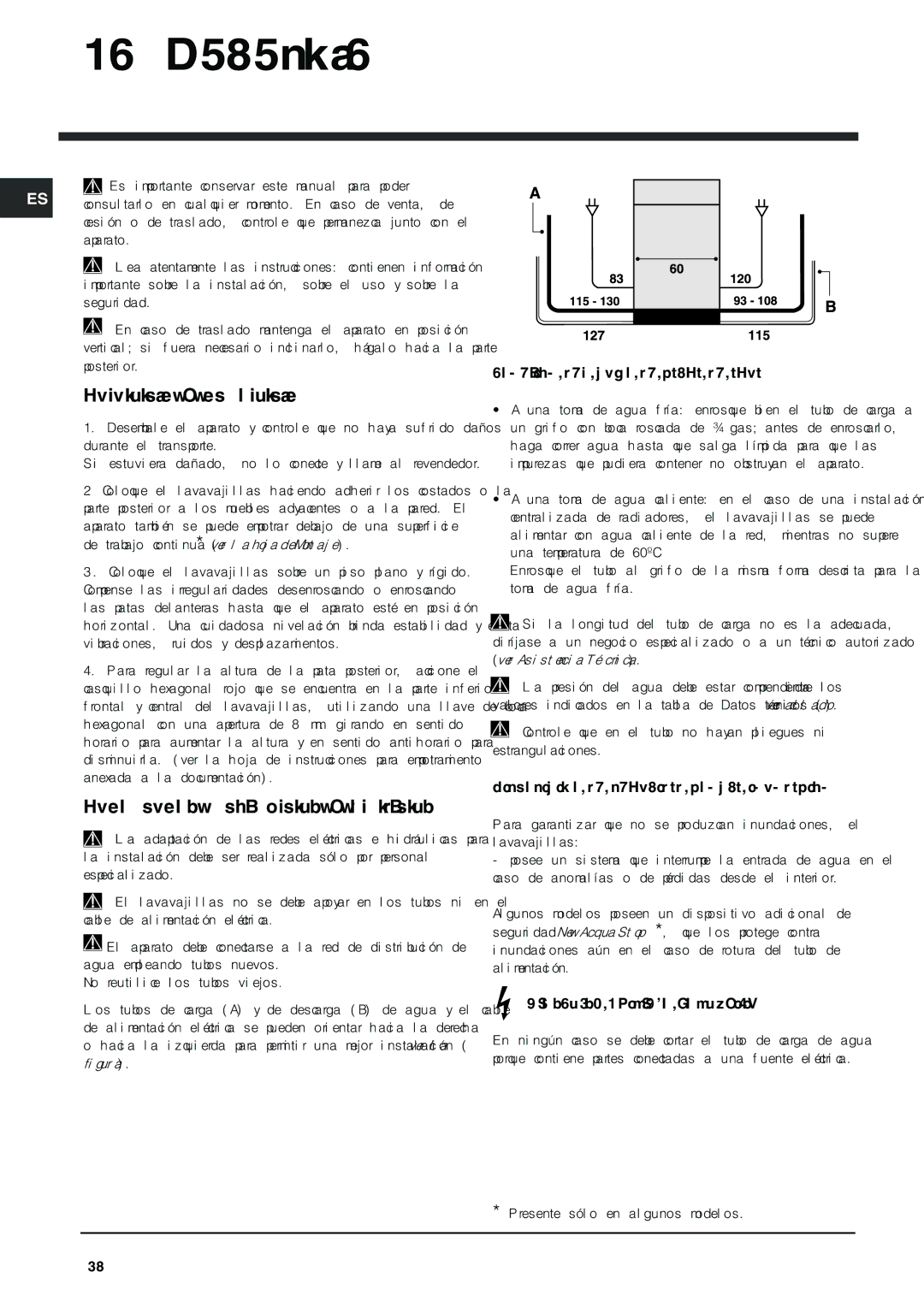 Indesit DFG 262 operating instructions Instalación, Colocación y nivelación, Conexiones hidráulicas y eléctricas 