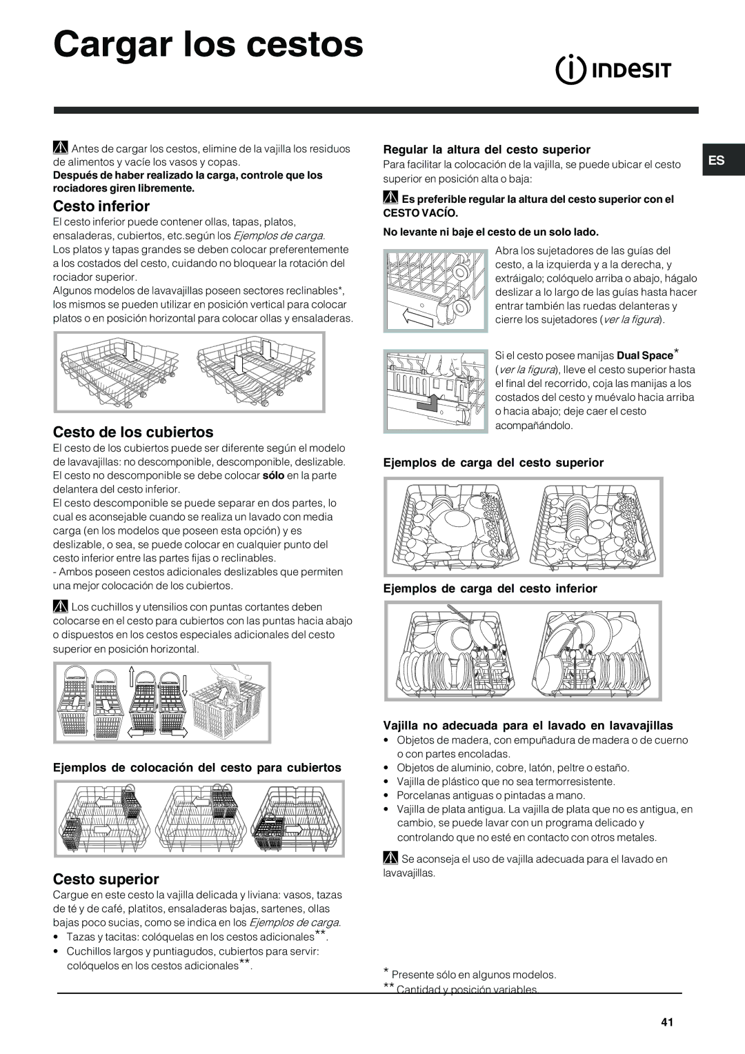 Indesit DFG 262 operating instructions Cargar los cestos, Cesto inferior, Cesto de los cubiertos, Cesto superior 