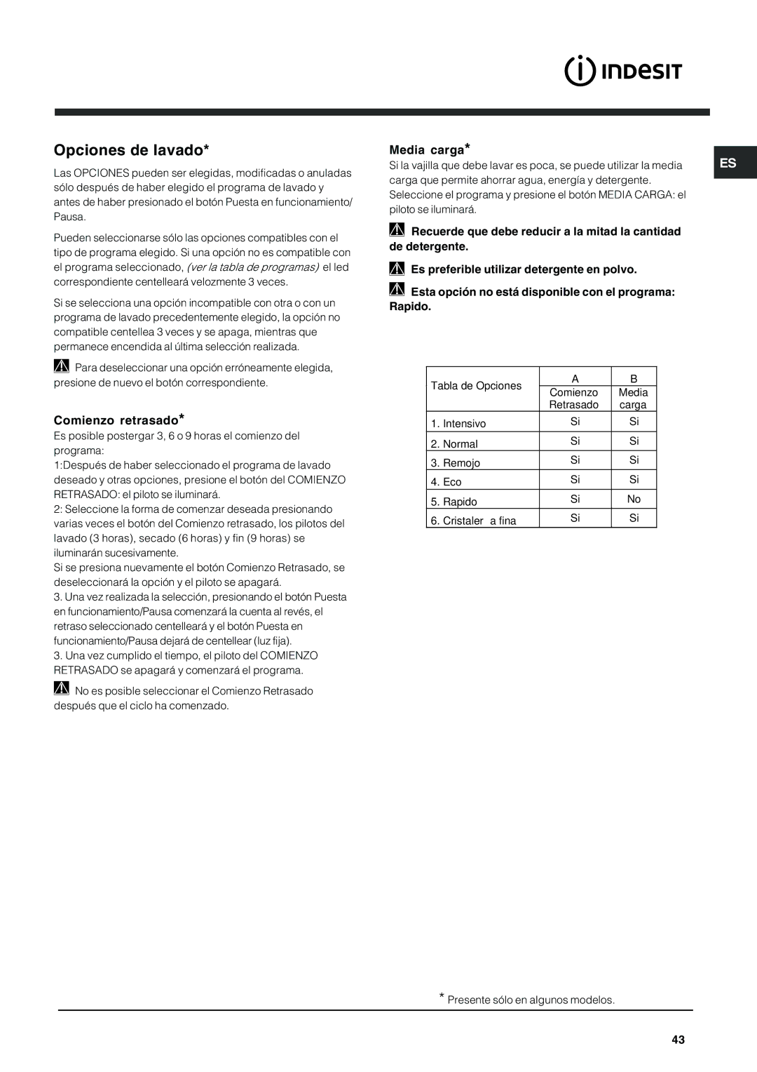 Indesit DFG 262 operating instructions Opciones de lavado, Comienzo retrasado, Media carga, Tabla de Opciones 