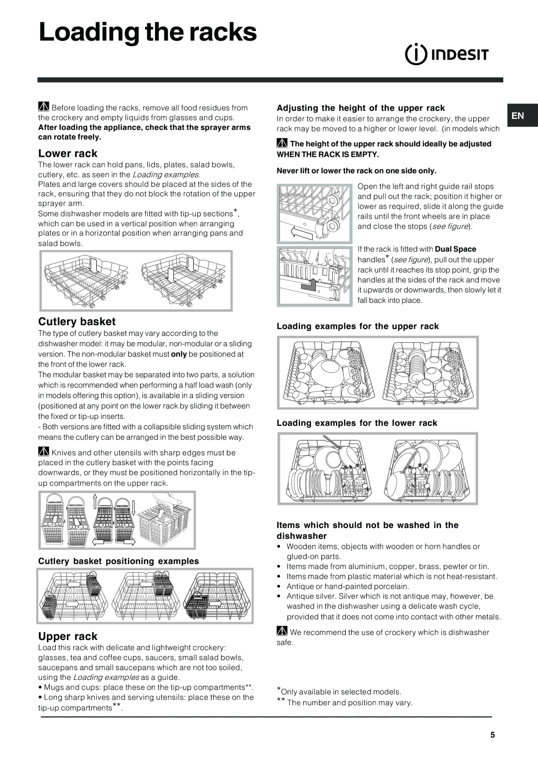 Indesit DFG 262 operating instructions Loading the racks, Lower rack, Cutlery basket, Upper rack 