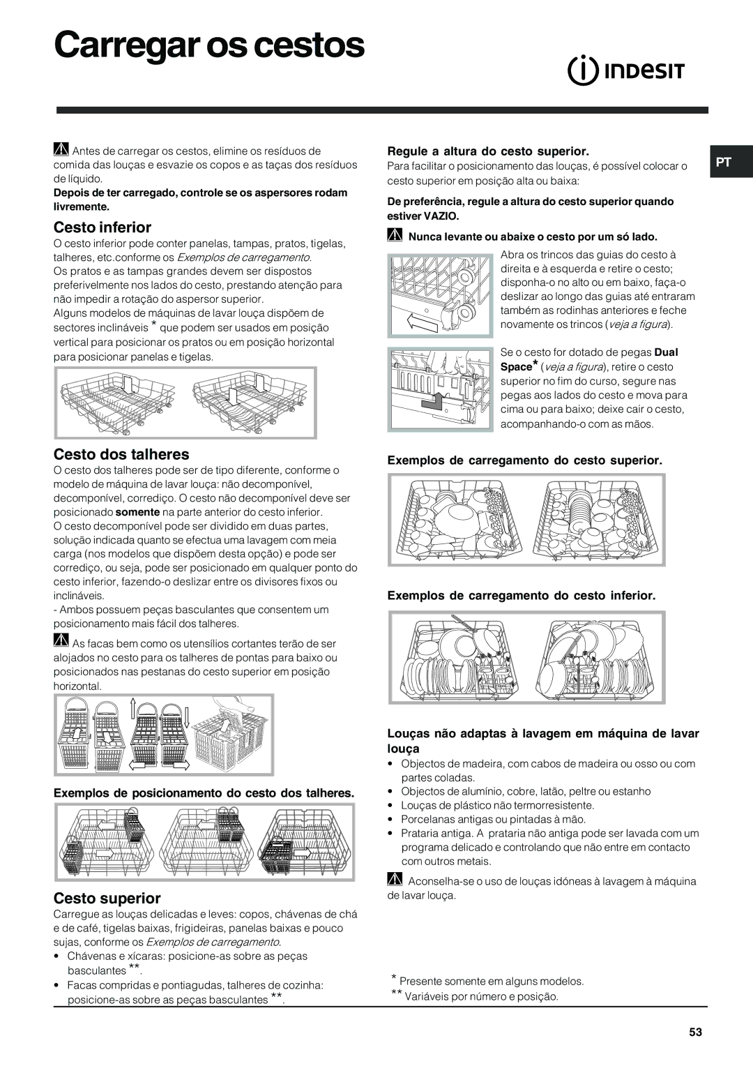 Indesit DFG 262 operating instructions Carregar os cestos, Cesto dos talheres, Regule a altura do cesto superior 