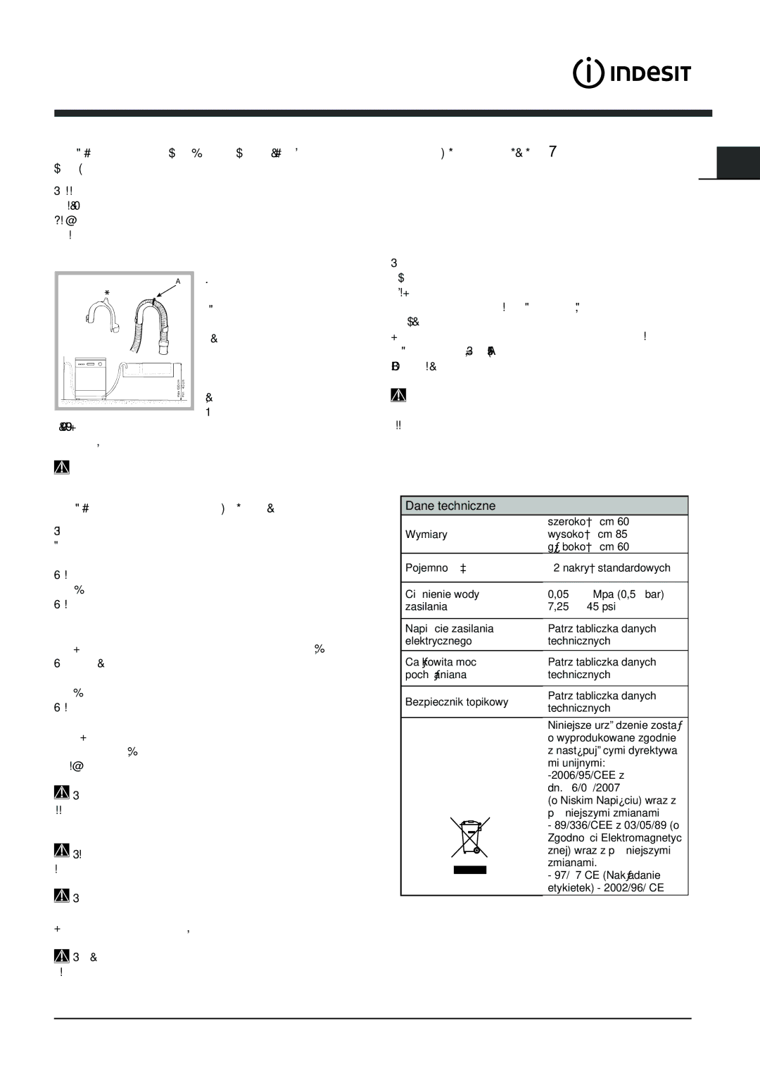 Indesit DFG 262 operating instructions Ostrze¿enia dotycz¹ce pierwszego mycia, Pod³¹czenie przewodu odprowadzaj¹cego wodê 