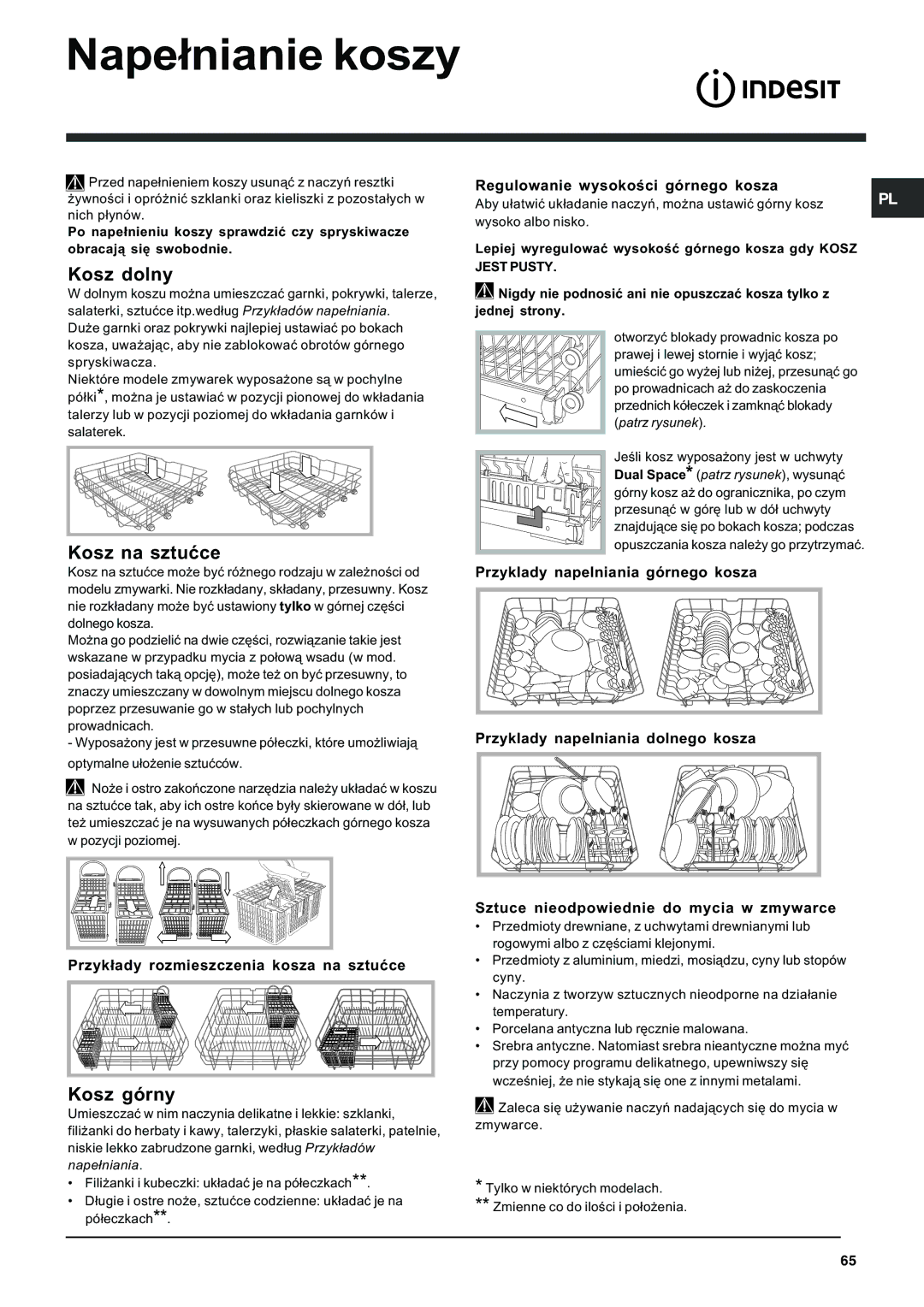 Indesit DFG 262 operating instructions Nape³nianie koszy, Kosz dolny, Kosz na sztuæce, Kosz górny 