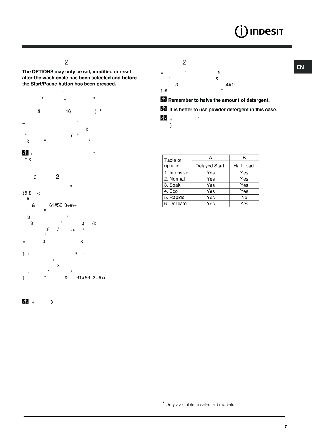 Indesit DFG 262 operating instructions Wash options, Delayed start, Half load 