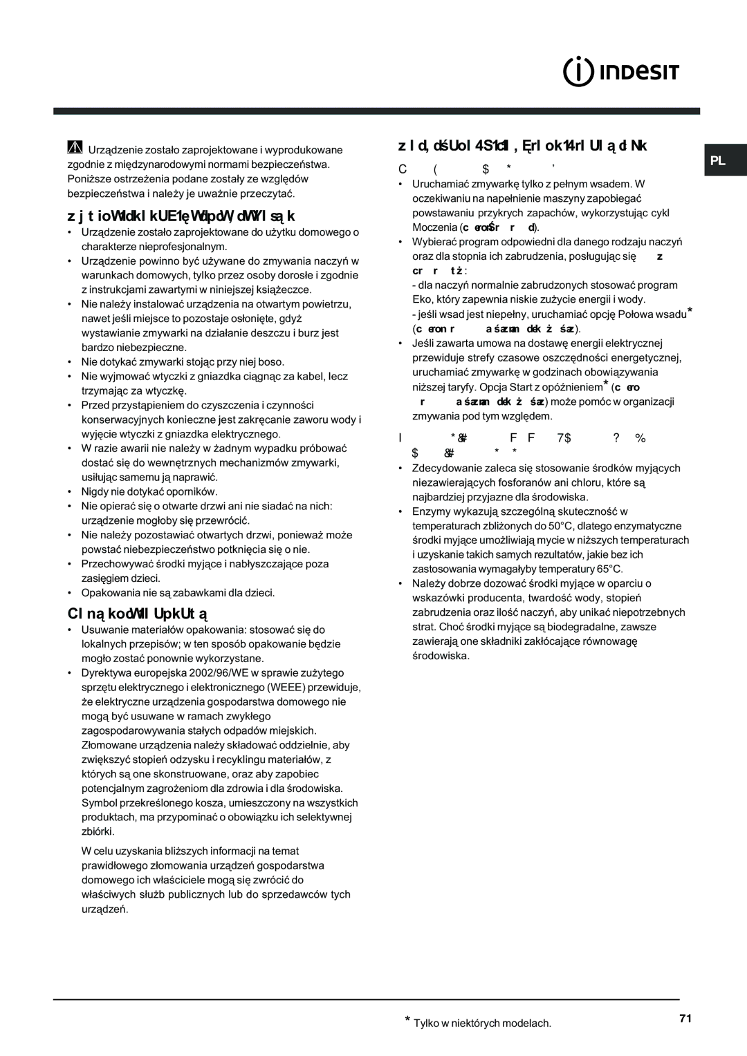 Indesit DFG 262 operating instructions Oszczêdnoœæ i ochrona œrodowiska, Ogólne zasady bezpieczeñstwa, Usuwanie odpadów 