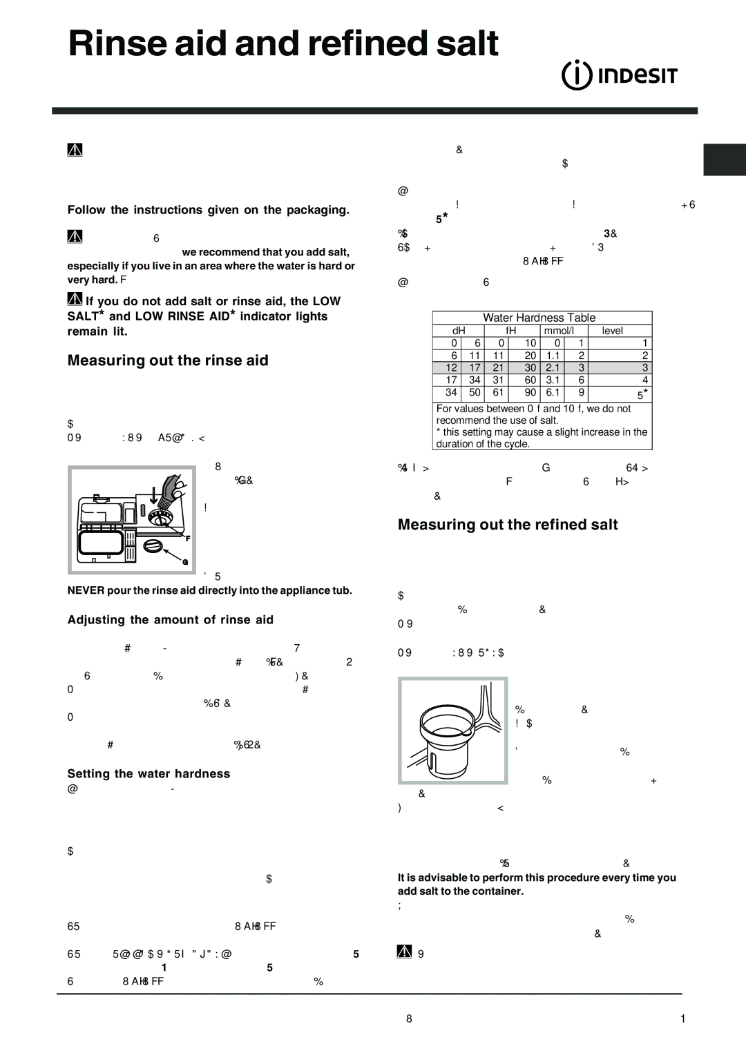 Indesit DFG 262 Rinse aid and refined salt, Measuring out the rinse aid, Measuring out the refined salt 