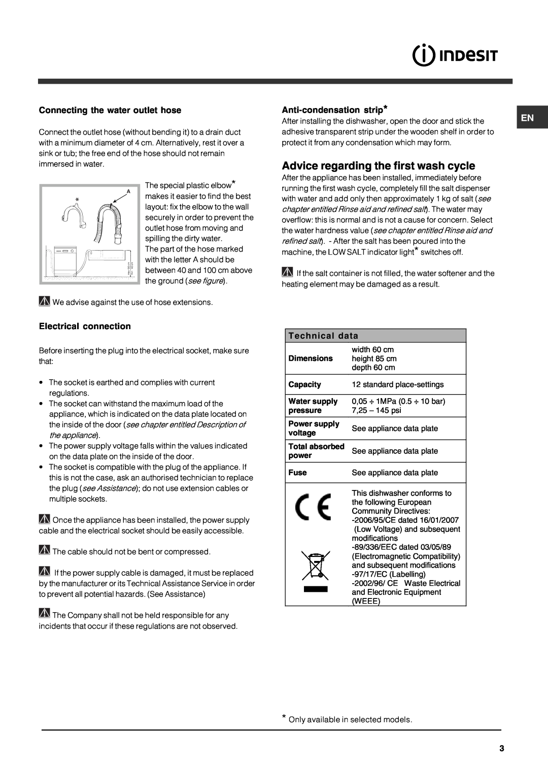 Indesit DFG 262 Advice regarding the first wash cycle, Connecting the water outlet hose, Anti-condensation strip 