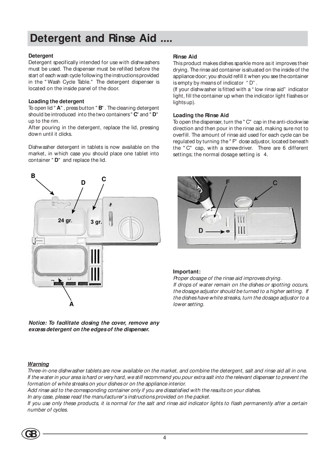 Indesit DI 450 manual Detergent and Rinse Aid, Loading the detergent, Loading the Rinse Aid 