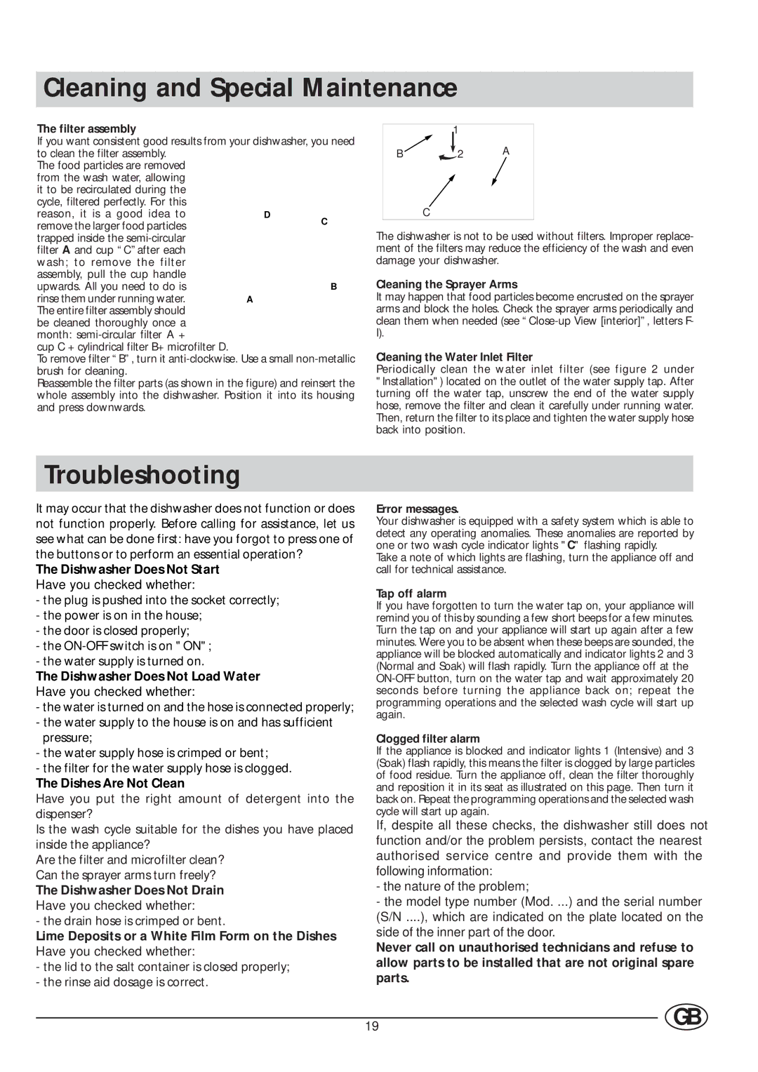 Indesit DI 6 manual Cleaning and Special Maintenance, Troubleshooting 