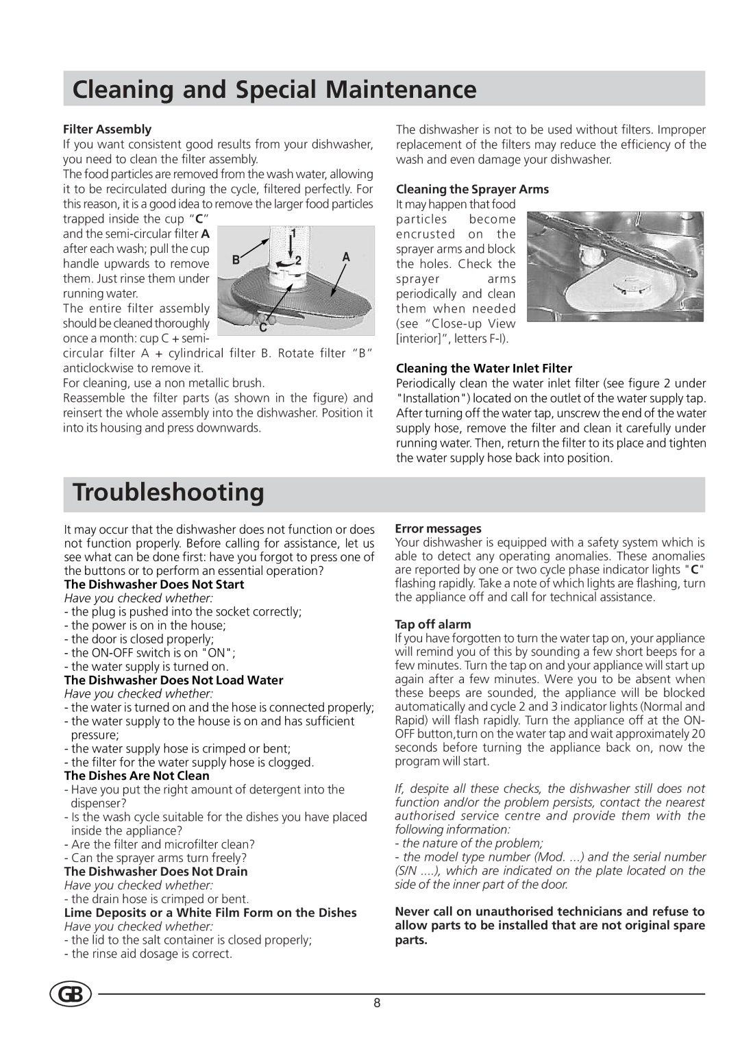 Indesit DI 62 manual Cleaning and Special Maintenance, Troubleshooting 