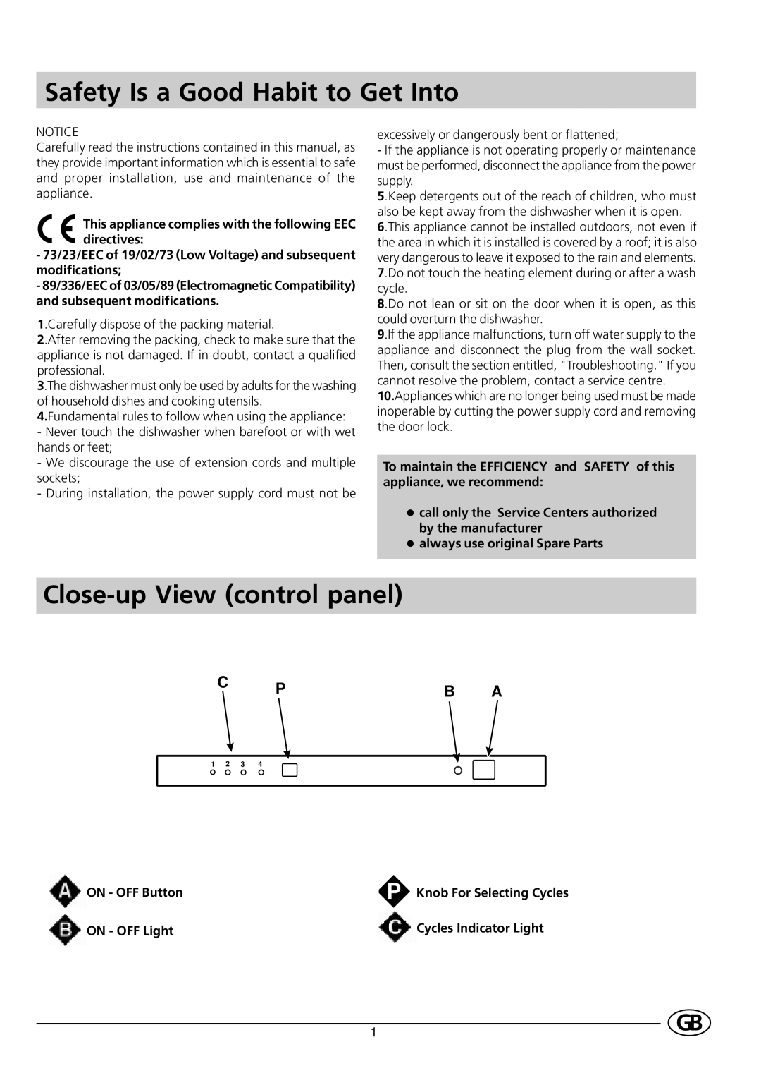 Indesit DI 62 manual Safety Is a Good Habit to Get Into, Close-up View control panel 