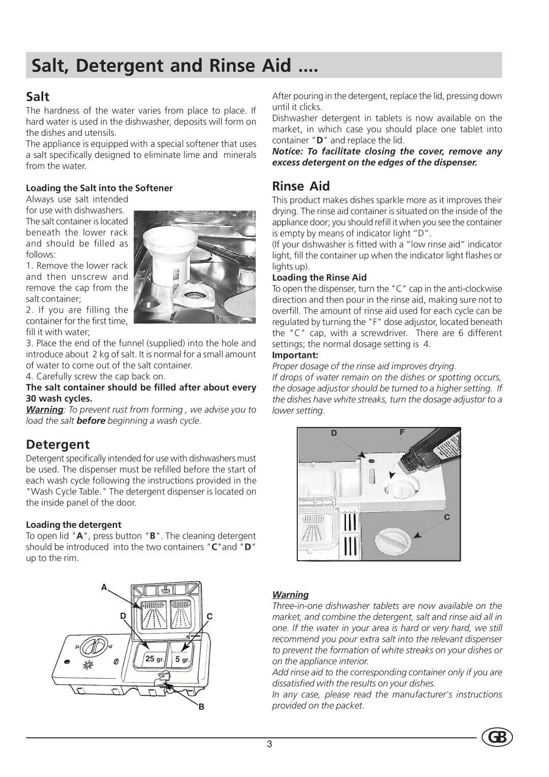 Indesit DI 62 manual Salt, Detergent and Rinse Aid, Loading the Salt into the Softener, Loading the detergent 