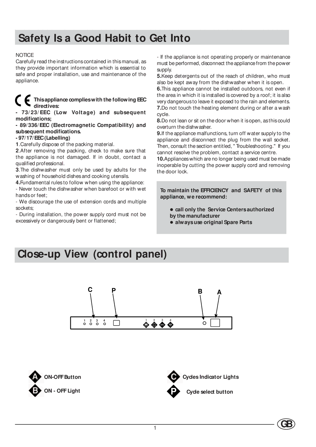 Indesit DI 620 manual Safety Is a Good Habit to Get Into, Close-up View control panel, ON-OFF Button, On OFF Light 