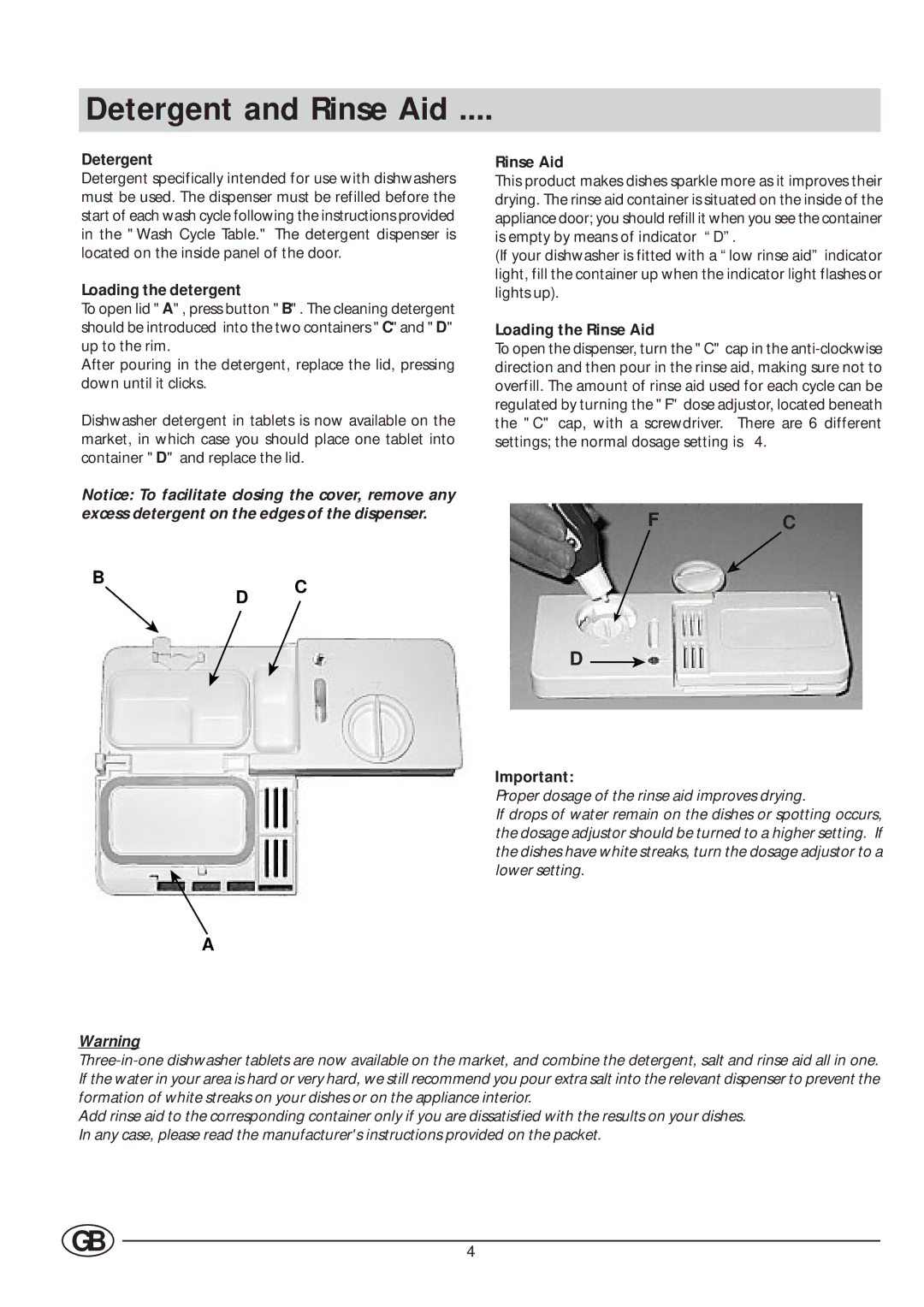 Indesit DI 620 manual Detergent and Rinse Aid, Loading the detergent, Loading the Rinse Aid 