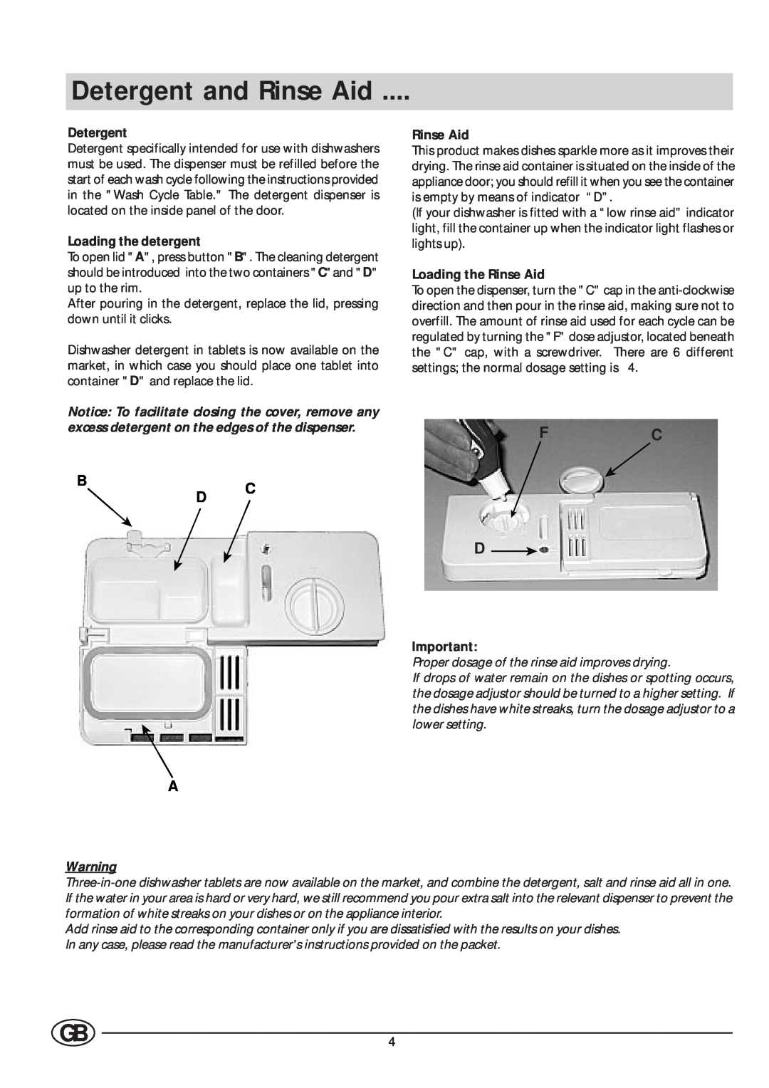 Indesit DI 620 manual Detergent and Rinse Aid, Fc D, Bc D, Loading the detergent, Loading the Rinse Aid 