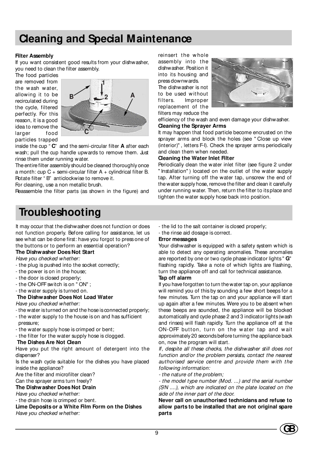 Indesit DI 67 manual Cleaning and Special Maintenance, Troubleshooting 