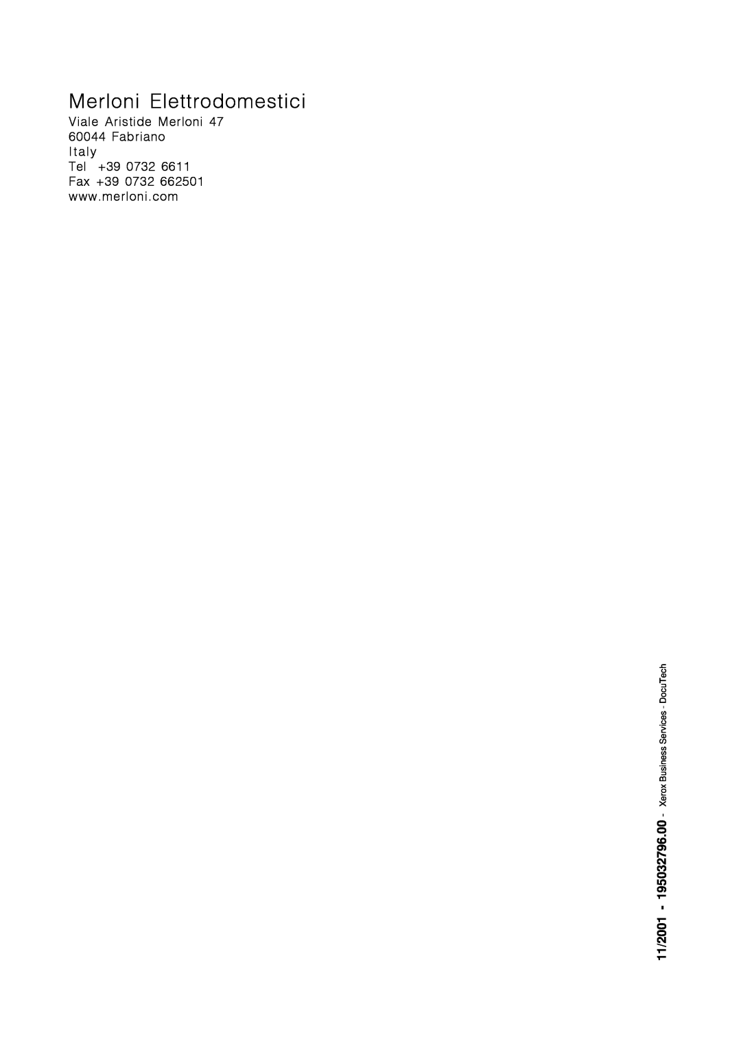 Indesit DI 67 manual Merloni Elettrodomestici, 11/2001, Xerox Business Services - DocuTech 